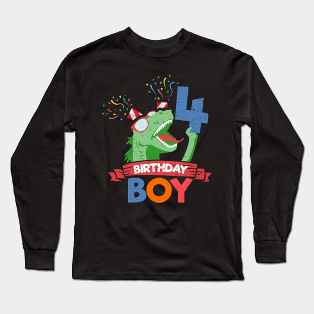 4th Birthday Boy Dinosaur Long Sleeve T-Shirt by Brothers With Ax Sticks